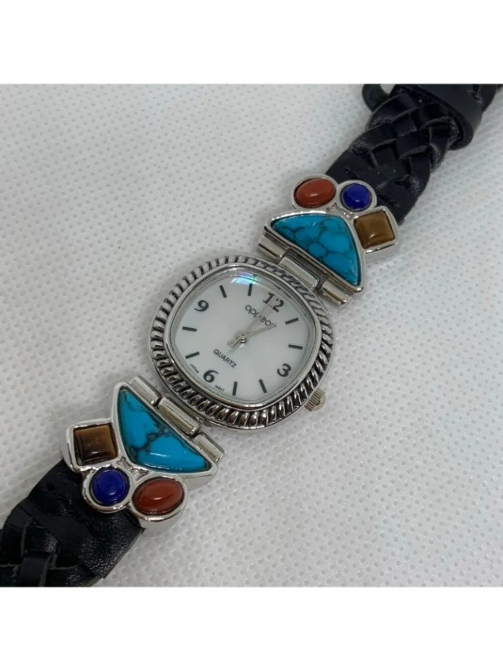 Appear women silver tone watch colorful stones 25mm mop dial quartz running